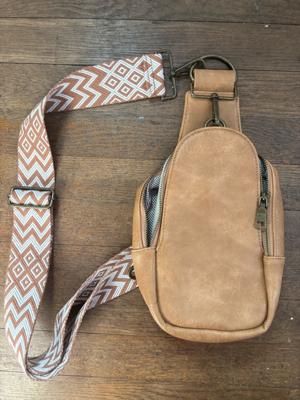 Pink Lily Tan Crossbody Sling Bag with Patterned Strap